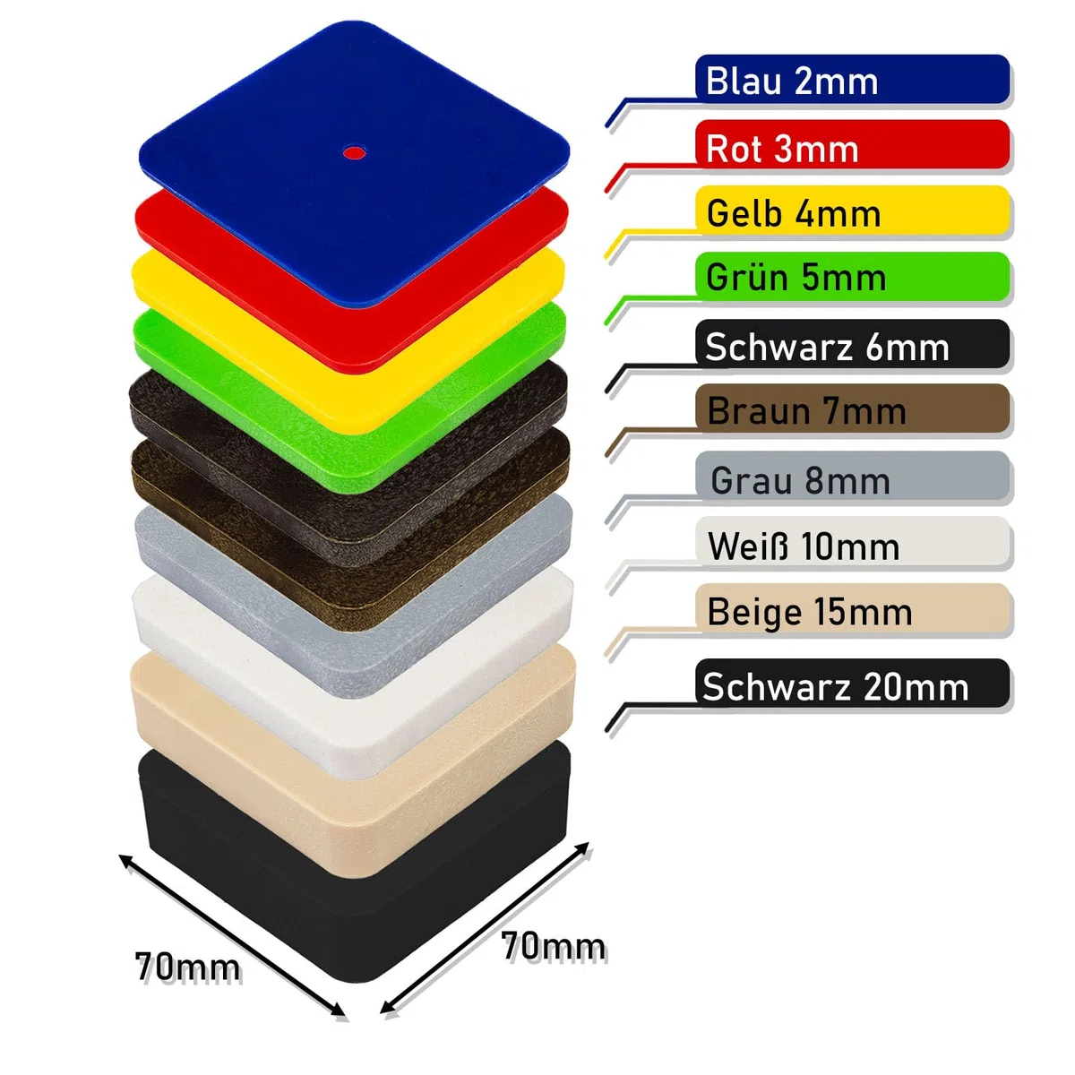 160 x INOVATEC Kunststoff Unterlegplatten 70 x 70 x 2-20 mm Mix Abstandshalter Distanzklotz Plättchen