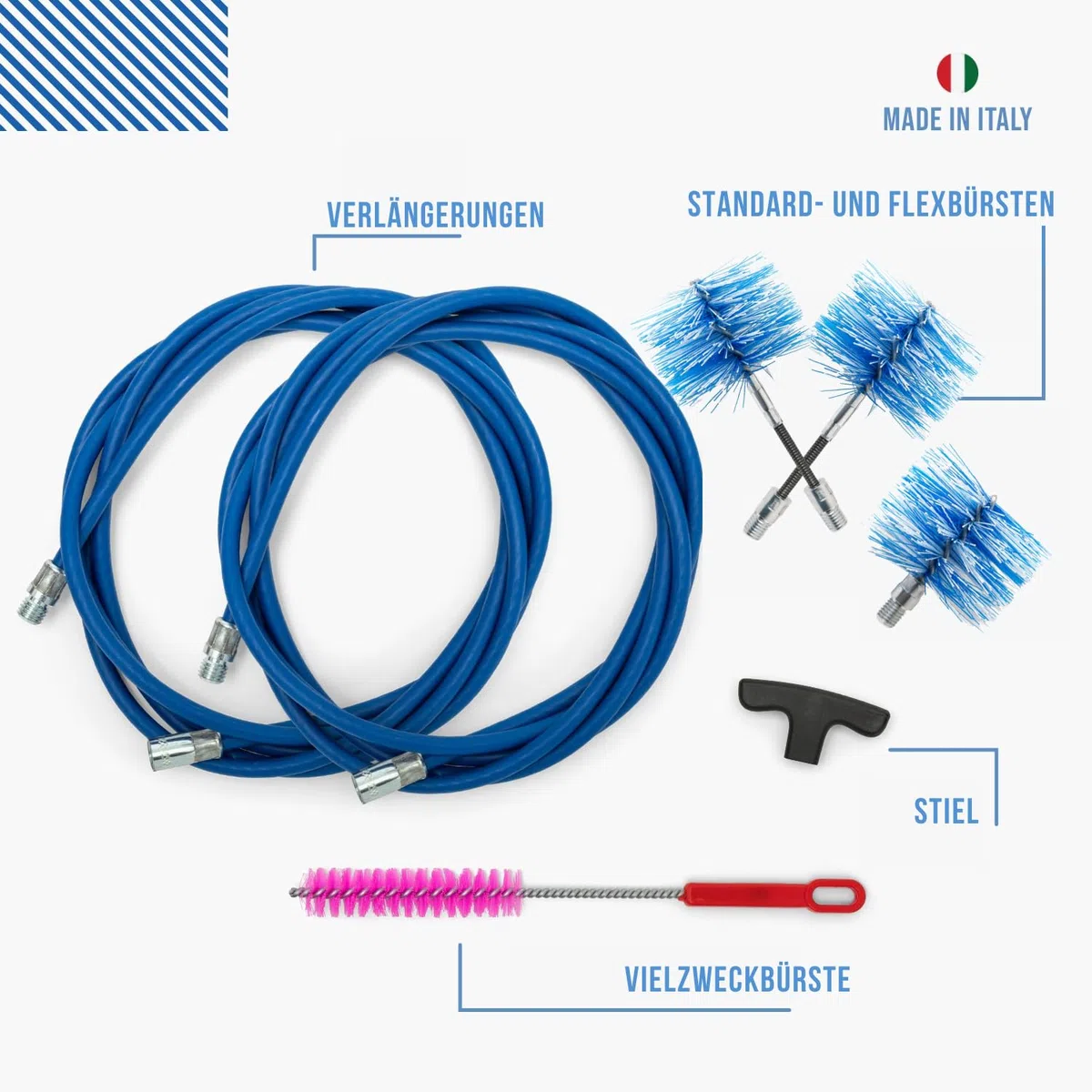 Pelletofen Reinigungsset Flex | Ofenrohr Schornsteinreinigung Ø 80/100/120 mm | 6 m Verlängerung beschichteter Stahl | M12-Anschluss, kompatibel BARETTO Spazzole