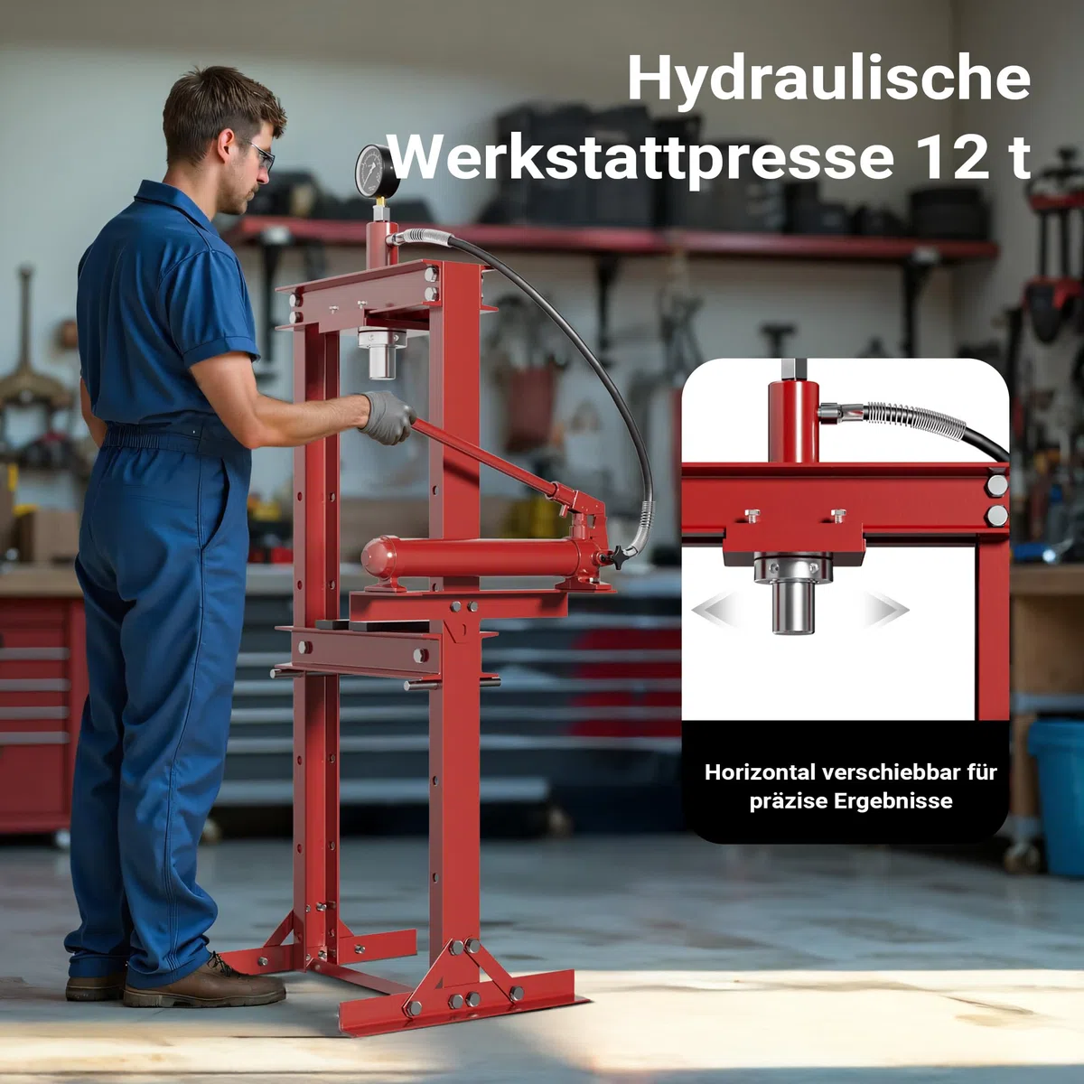 Wiltec 12T Profi Werkstattpresse, 90-1035mm Arbeitsbereich, 145-330mm Hubhöhe, Hydraulikpresse aus Stahl, Rahmenpresse mit Manometer, Lagerpresse