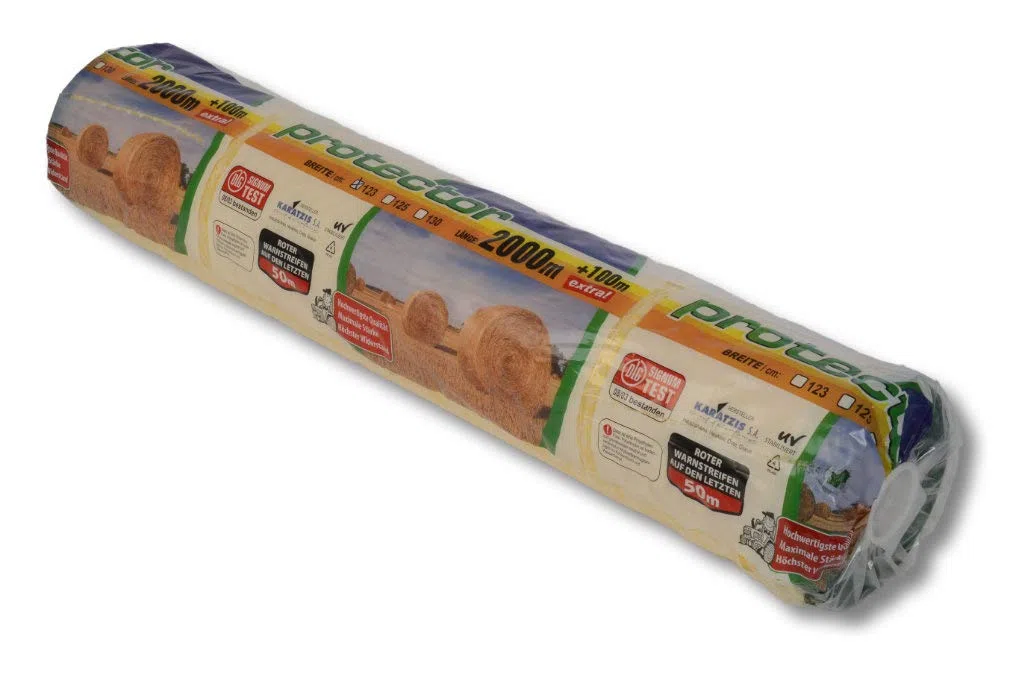 DLG geprüftes Wickelnetz protector für Rundballen | 1,25 x 2100 m | protector | UV-beständig und reißfest | Brennholznetz | Rundballennetz | Heunetz | Pressennetz