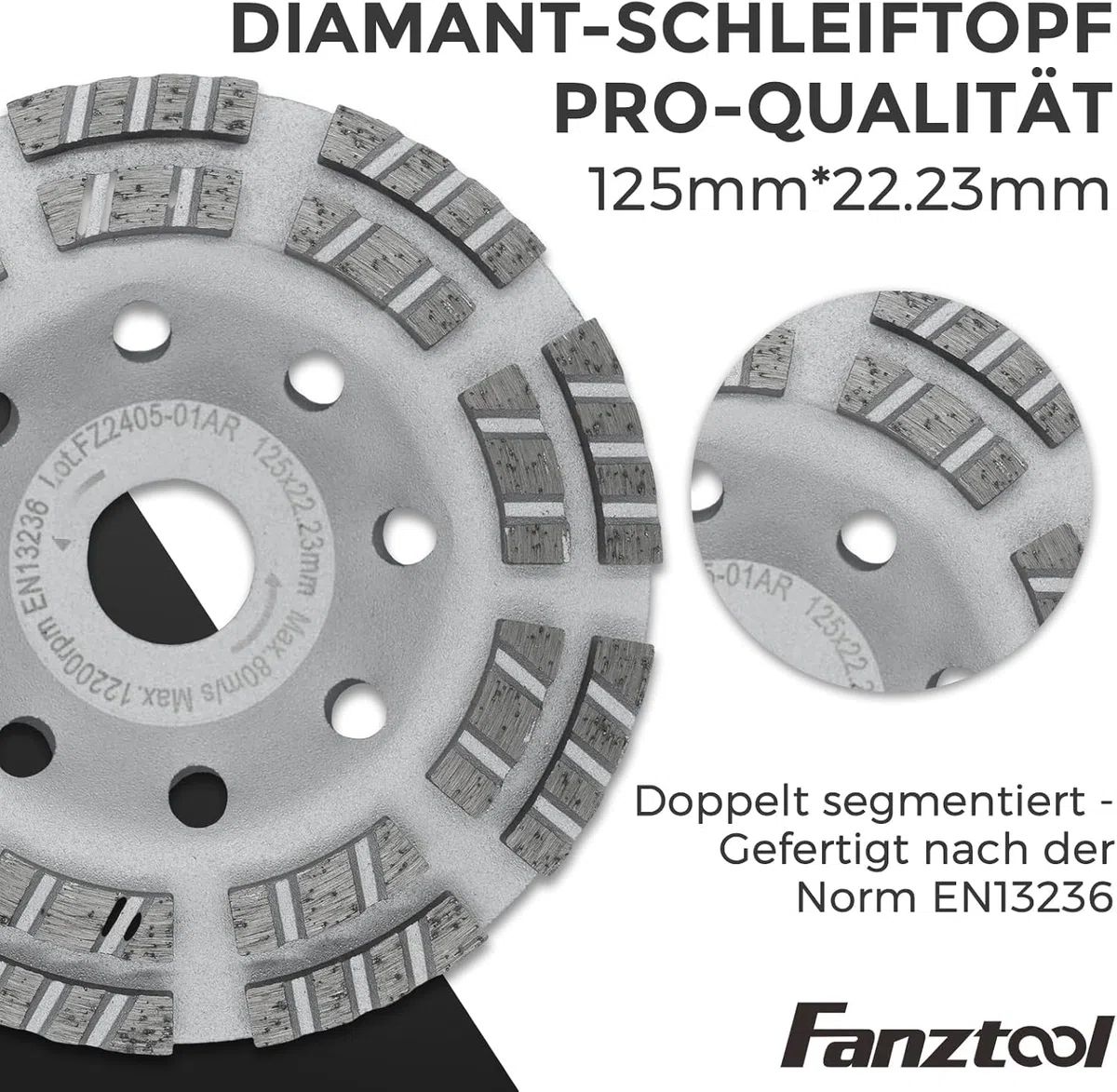 FANZTOOL 3.Generation Absaughaube für Winkelschleifer inkl. 125 mm Diamantschleiftopf PROFI QUALITÄT – Bürsten Auswechselbar – 99% Universal passend – Verstärkter Adapterring – M14 Adapter