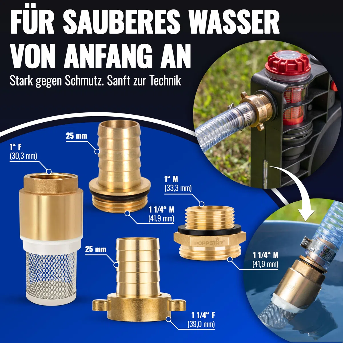 Poppstar Saugschlauch 1 Zoll 4m (ID 25mm, AD 33mm, 4mm Wandstärke), Edelstahlsaugkorb mit Rückschlagventil, Überwurfmutter ID 1 1/4" (41,9mm), Reduzierstück AD 1" (33,3mm)