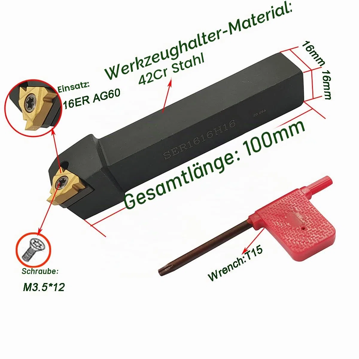 Bohrstange SNR0013M16+SER1616H16 Drehmaschinen-Innengewindeeinsätze, Drehwerkzeughalter mit 5 Stück 16ER AG60+5 Stück 16IR AG60 Hartmetalldreheinsätzen.