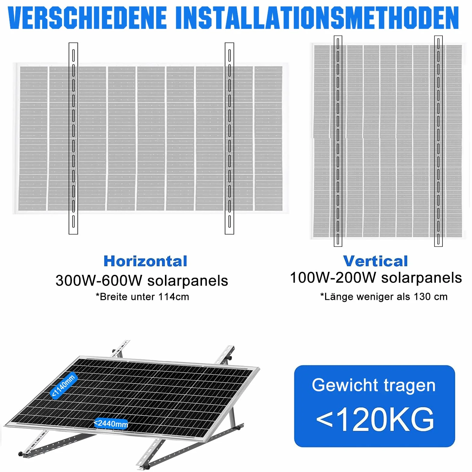 GLIESE Solarmodul Halterung 114 cm (2er-Set),Solarpanel Halterung,Balkonkraftwerk Halterung,Verstellbarer Winkel Von 0° bis 90°,Aluminium Halterungen Flachdach für 100 W-600 W, 0% MwSt.