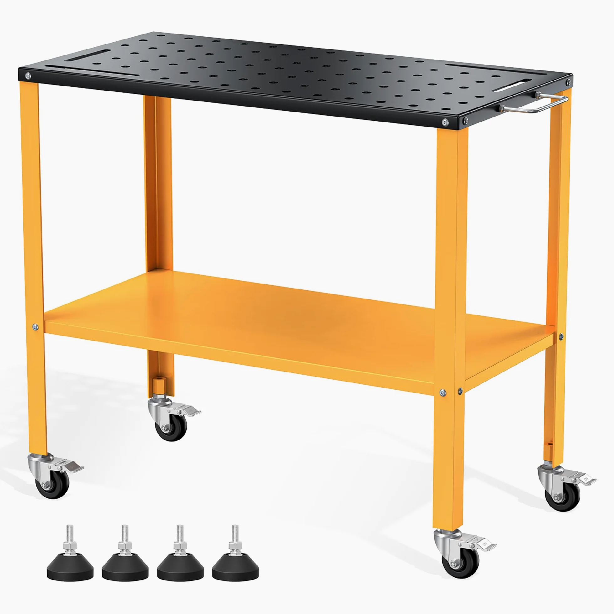 Mobiler Schweißtisch 91x46 cm, Tragkraft 544 kg, Werkbank Tischplatte für Schwarzer Oxidbeschichtung, 4 Feststellbare Rollen & Werkzeugschlitzen, 94 Befestigungslöcher, Stabil & Flexibel für Werkstatt