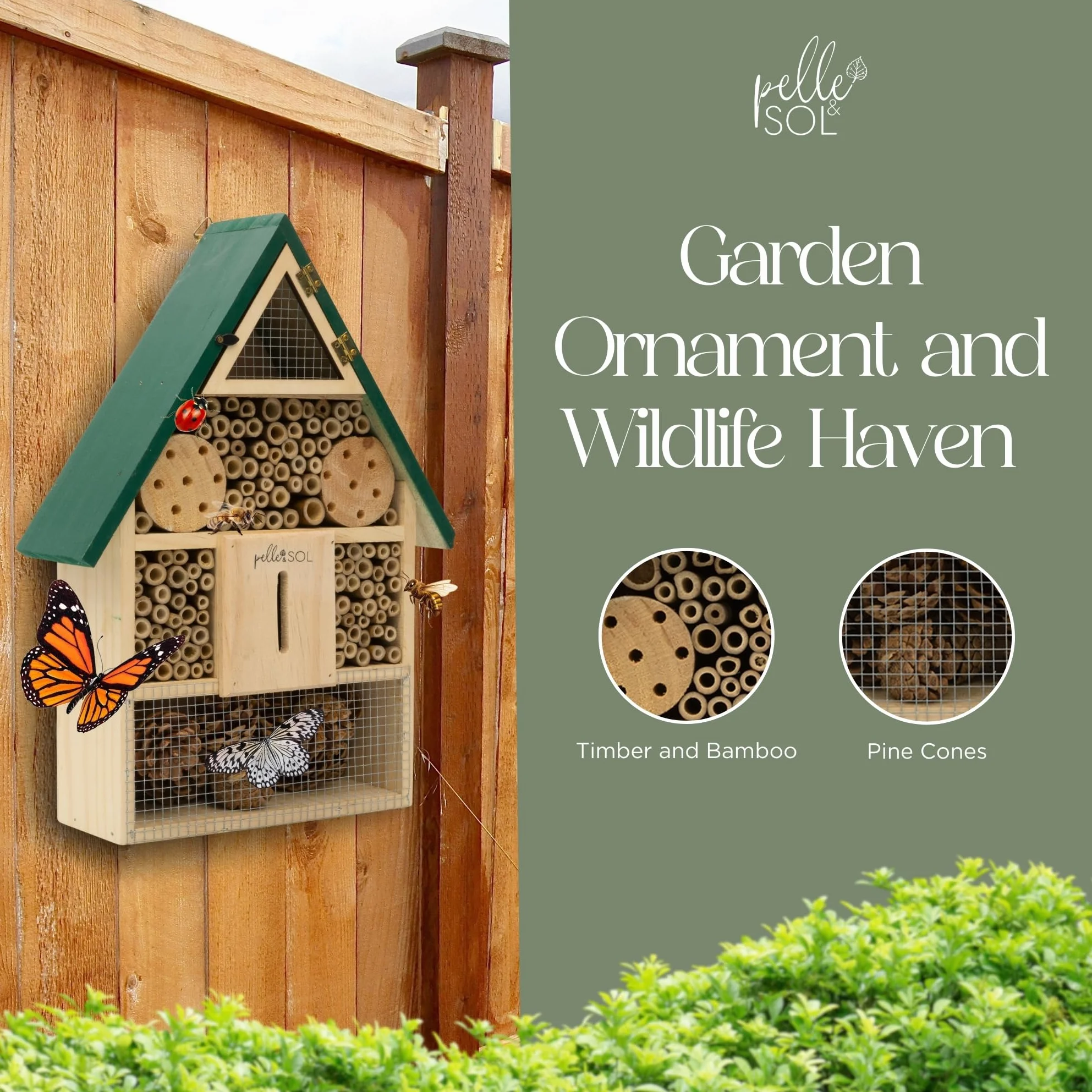 Pelle & Sol Umweltfreundliches Bienenhaus, Insektenhotel für Bienen, Schmetterling, Insekten, kinderfreundlich, wetterbeständig, hängendes Bienenhotel, Bambus-Nisthaus, Gartendekoration und