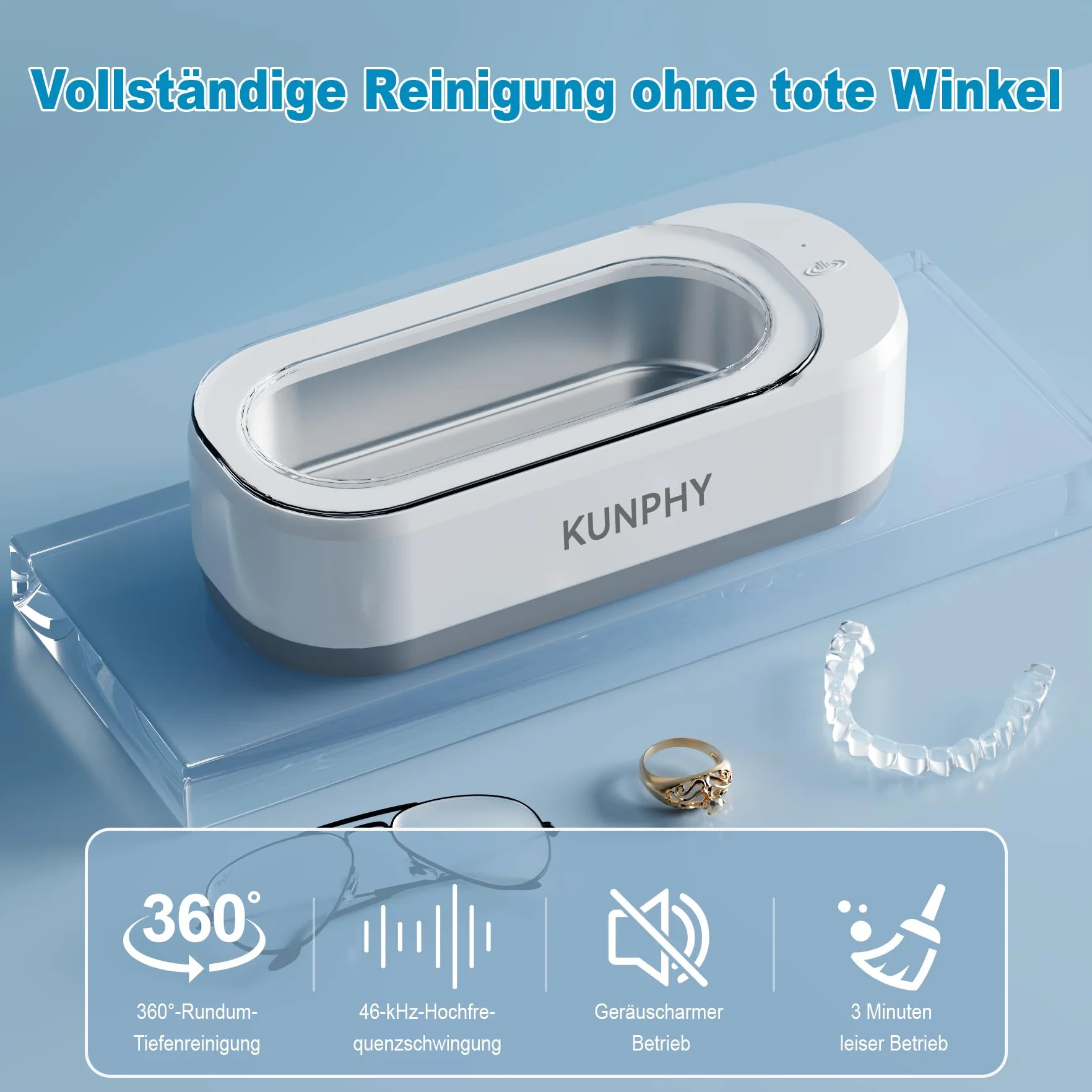 Ultraschallreinigungsgerät Brille, Ultraschallreiniger 350ml 46KHz, Ultraschallgerät Ultrasonic Cleaner für Brillen Schmuck Uhren Zahnschiene Zahnprothesen Kontaktlinsen Glasses Jewelry Aligner