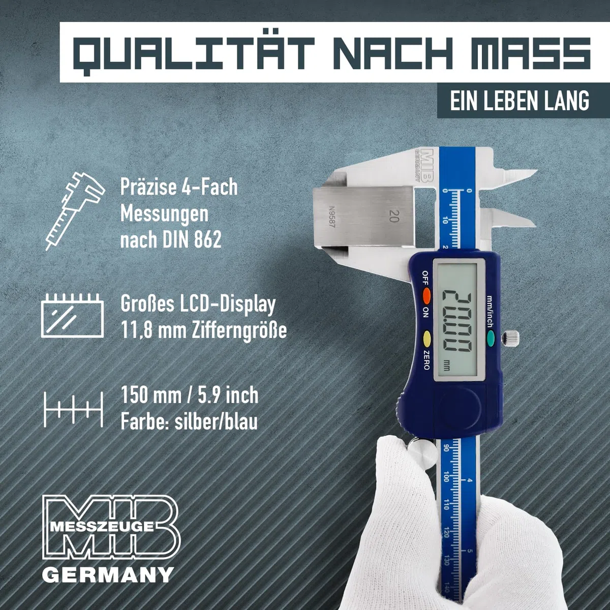 MIB Digitaler Messschieber mit Rolle DIN 862 150mm | Werkzeug für präzise Messungen | Messschieber digital aus Edelstahl | Schieblehre digital mit großem LCD-Display | 4-Fach Messung | Digital Caliper
