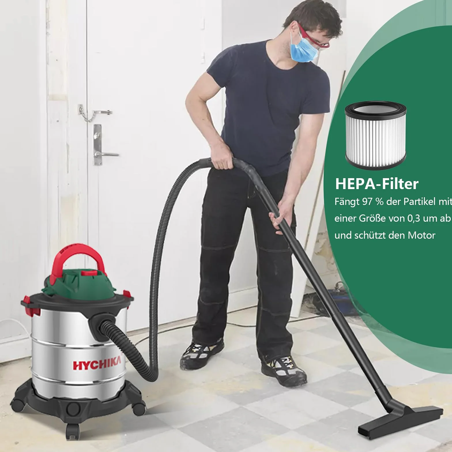 HYCHIKA Nass Trockensauger, 1200W Industriestaubsauger 20L Edelstahlbehälter, Nass- & Trockensauger Blasen, mit HEPA-Filter und Zubehör ideal für Industrie und Haushalt