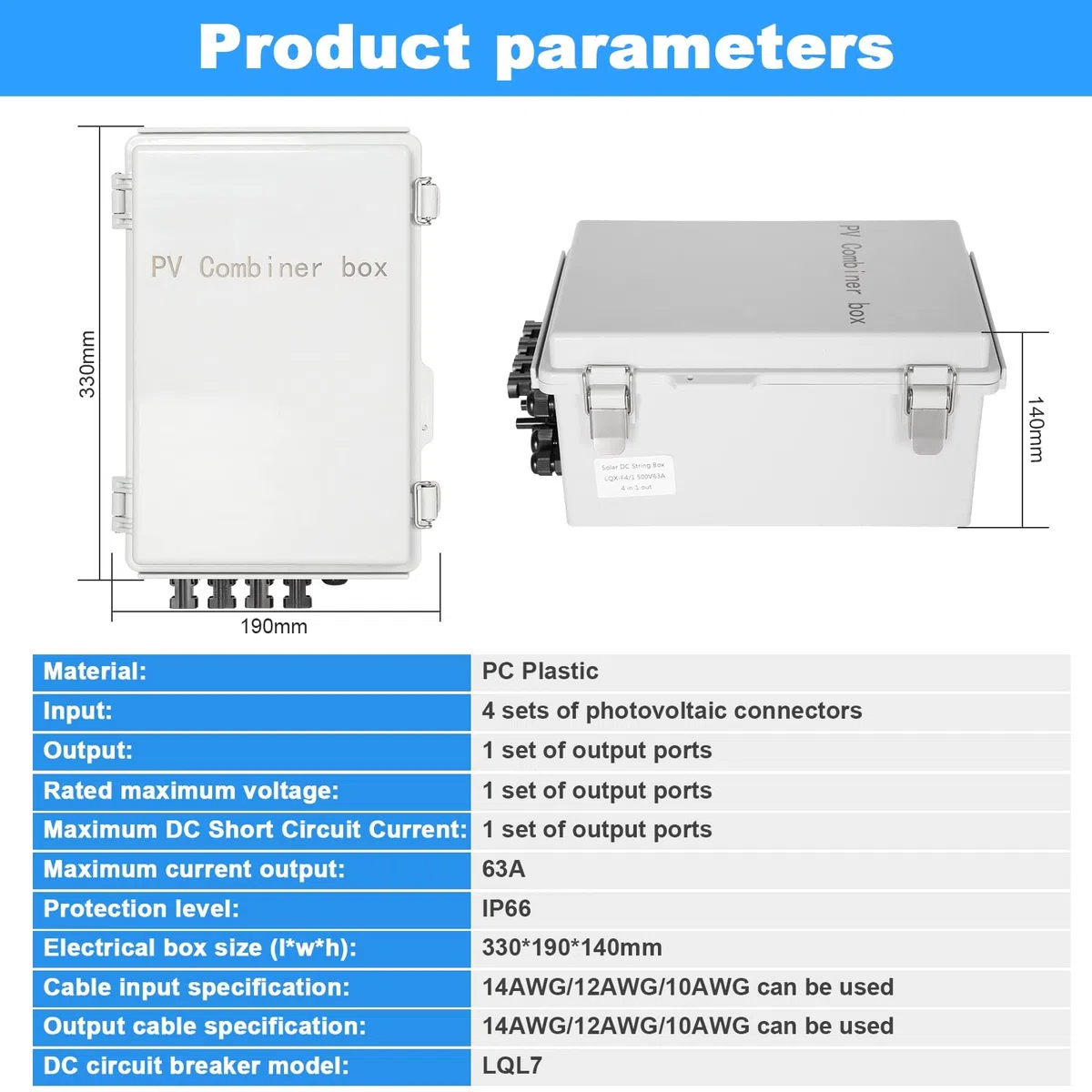 Jadeshay 4 String Solar PV-Kombinationsbox 500V 4 in 1 Out Wasserdicht Solar PV Combiner Box 63A Leistungsschalter for Solar Panel System