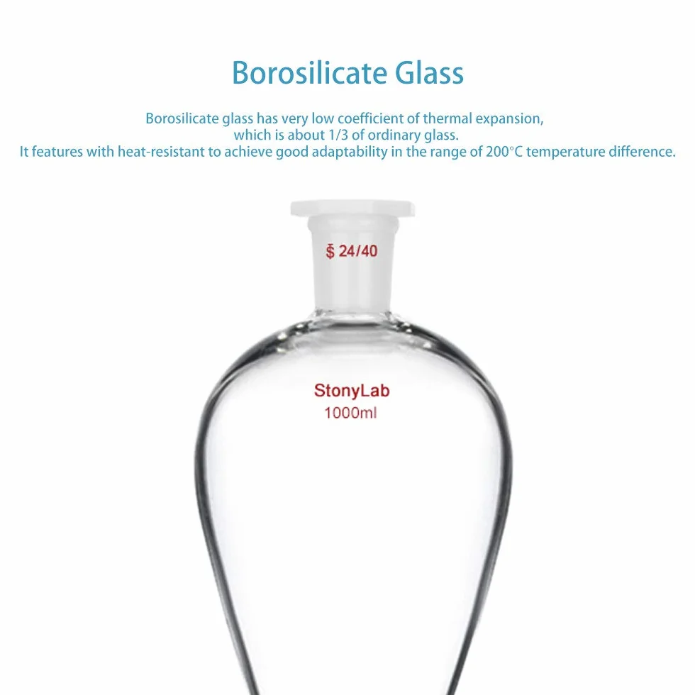StonyLab 1000 ml Trichter aus Borosilikatglas, Separatory Funnel, Schwerwandig Konisch mit 24/40 Gelenken und PTFE-Absperrhahn - 1L (1 Liter)