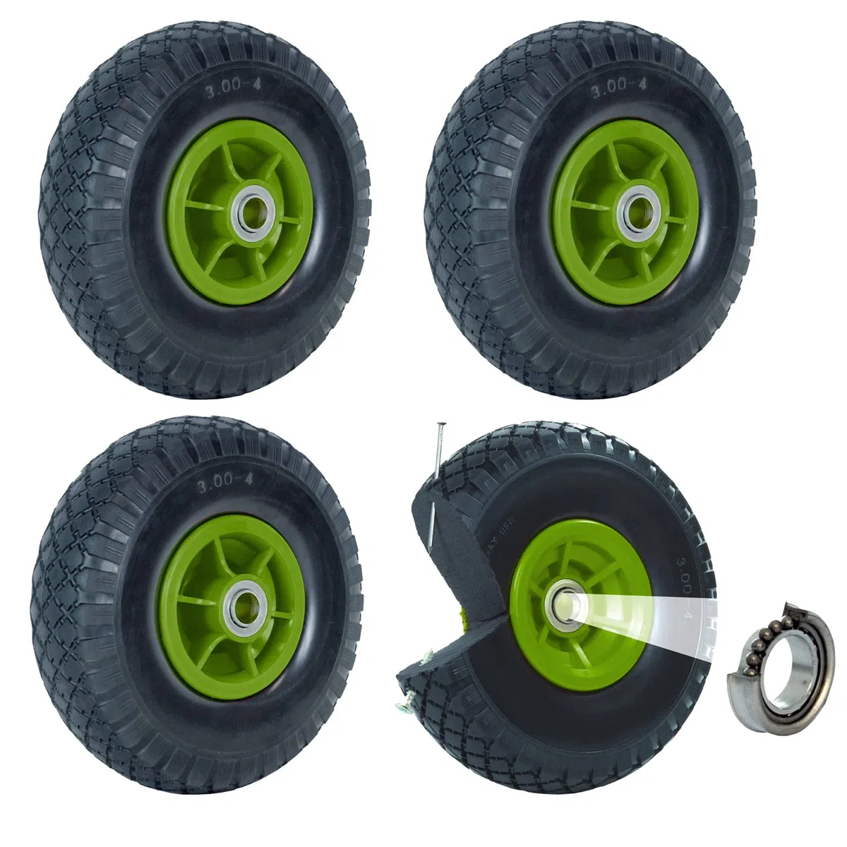 TRUTZHOLM 4X pannensichere Ersatzräder für Bollerwagen, Gartenwagen oder Sackkarre 260x85mm Vollgummi 3.00-4 PU Ersatzrad Rad Reifen 75mm Nabenlänge grün (Grün, versetzte 60 mm Nabe)