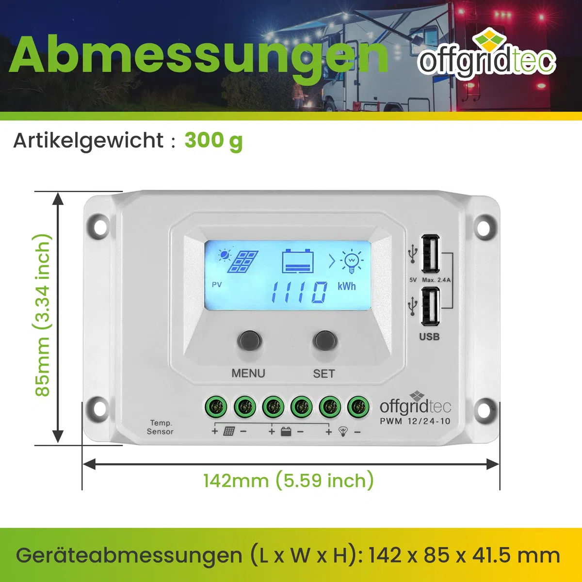 Offgridtec® PWM Pro Laderegler 12V/24V 10A USB
