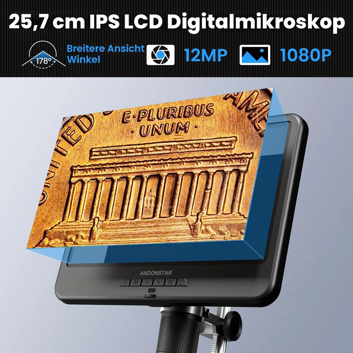 Andonstar AD210 10.1 Zoll LCD Digitales Mikroskop für Erwachsene, Lötmikroskop für Elektronikreparatur, Münzmikroskop Kamera mit Vollbildansicht für Fehlermünzen mit Licht