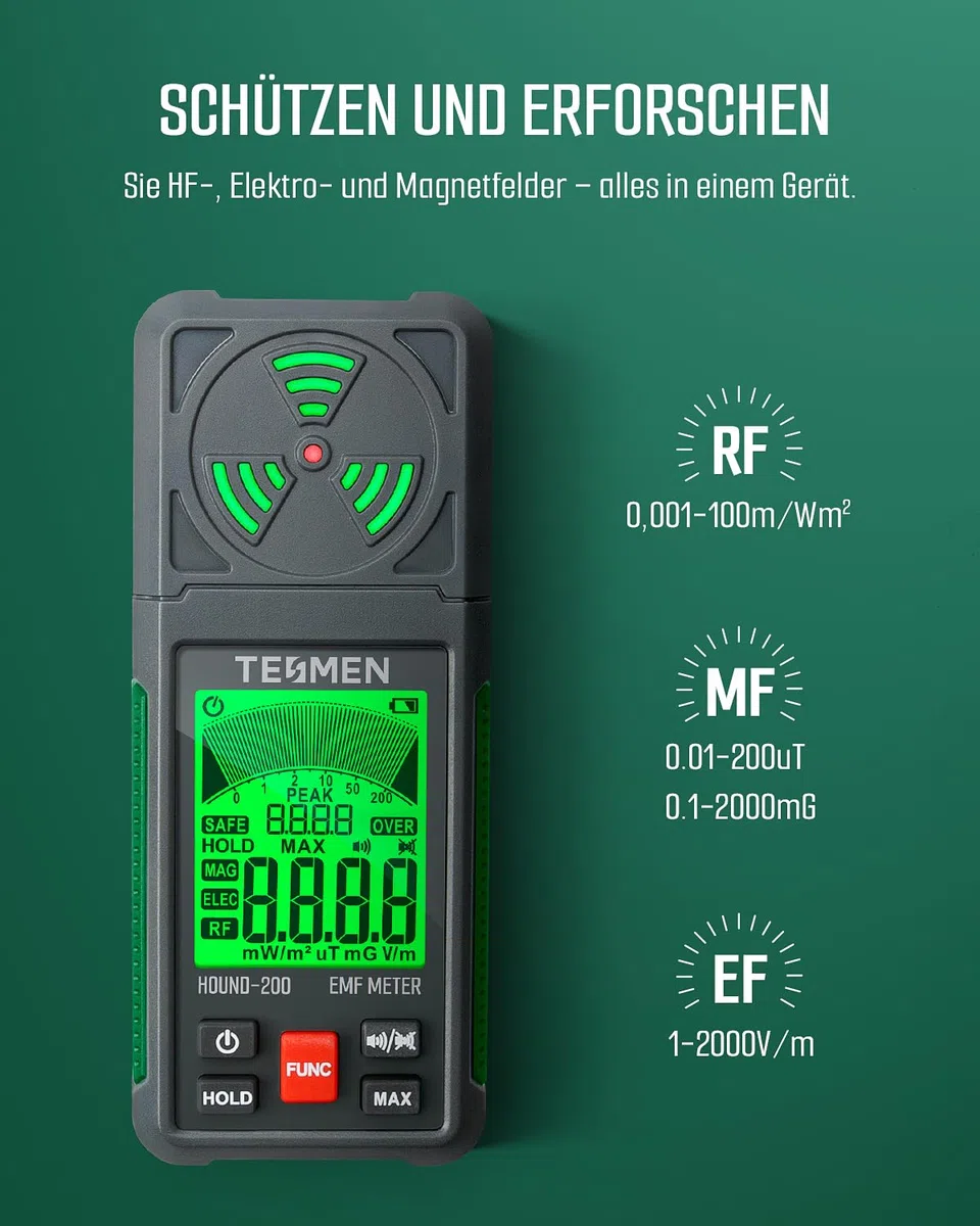 TESMEN HOUND-200 EMF-Messgerät, 3-in-1 tragbarer Elektromagnetfeldstrahlungsdetektor für EF RF MF, WiFi-Signal, zur Verwendung bei EMF-Inspektionen zu Hause und im Freien sowie Geisterjagd - Grün