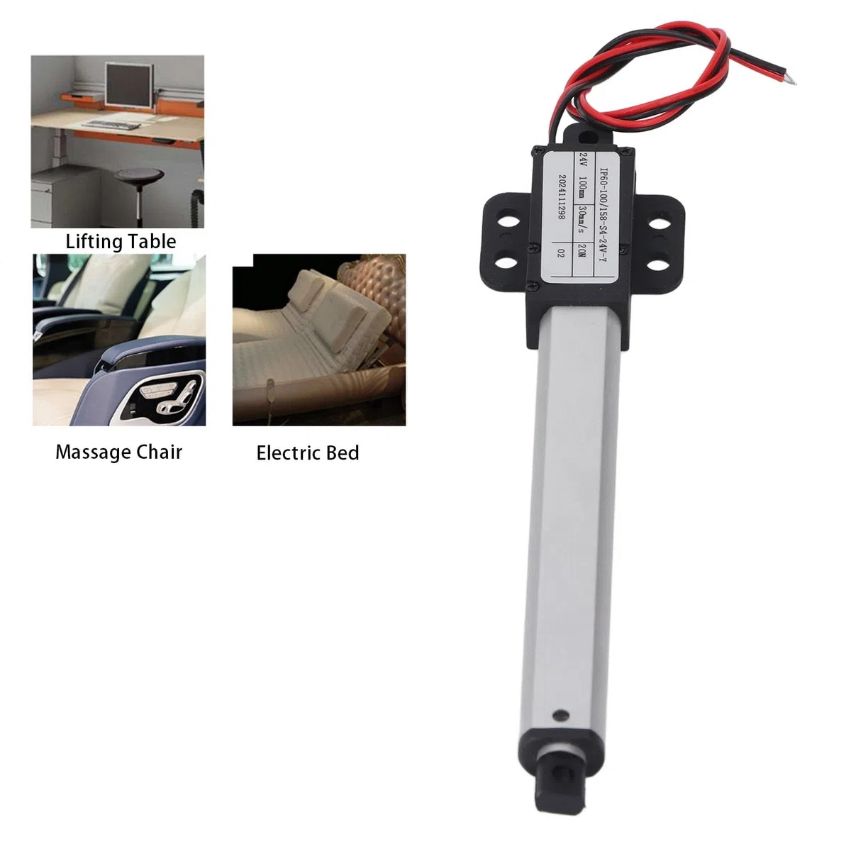 Mini Electric Linear Actuator, 24V, 20N, 30mm/s, 100mm Hub, Alu ABS, IPX4-Widerstand
