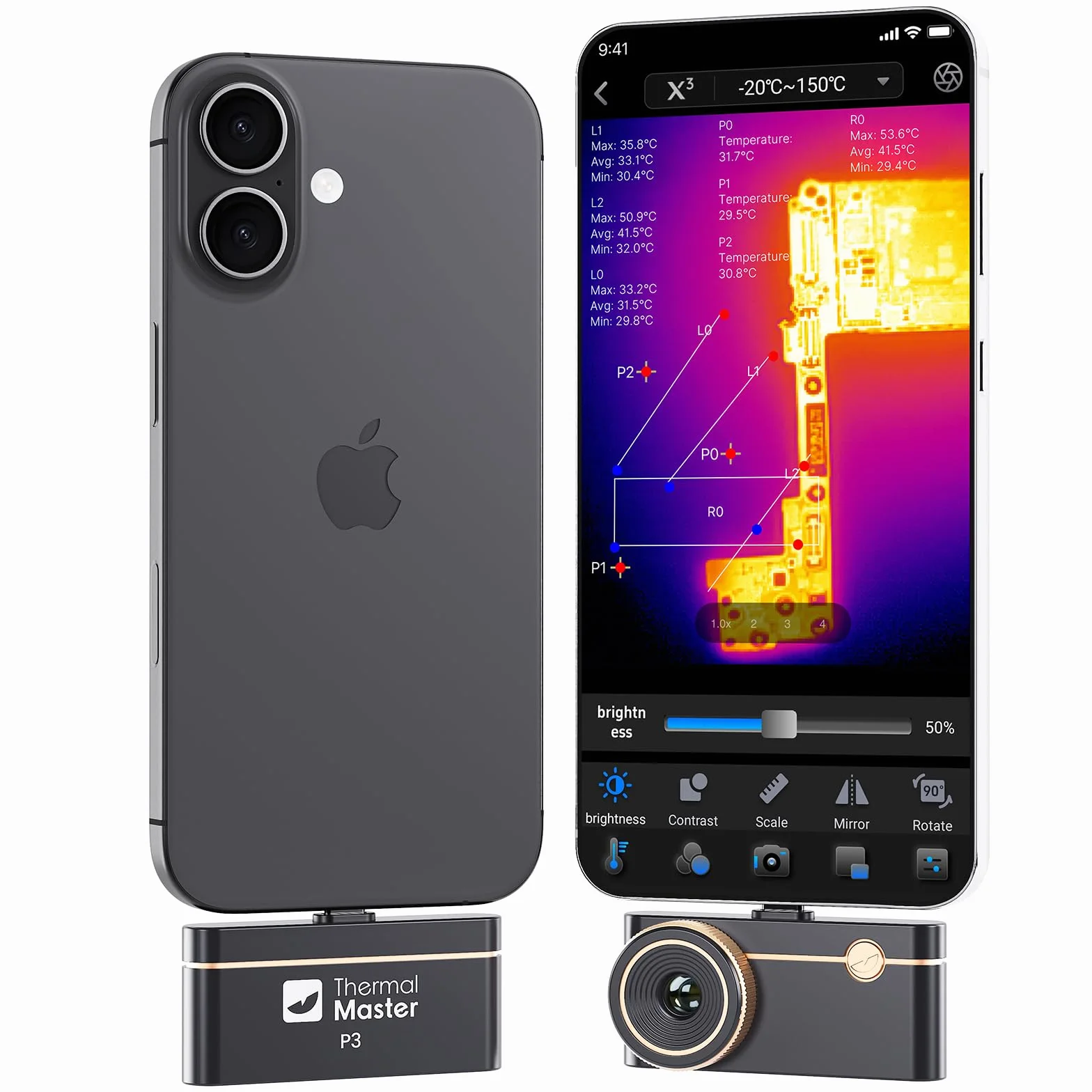 Wärmebildkamera P3 für iPhone und Android Infrarot Kamera Einstellbares Objektiv Super IR Auflösung 512x384, -20℃-600℃ Wärmebildkamera für PCB Inspektion, Schwarz