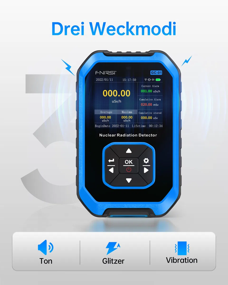FNIRSI GC-01 Geigerzähler Nuklearstrahlungsdetektor - Nukleare Strahlungsdosimeter mit LCD-Anzeige, Beta Gamma Röntgen Wiederaufladbare Radioaktiver Monitor Tester, 5 Umschaltbare Dosierungseinheiten