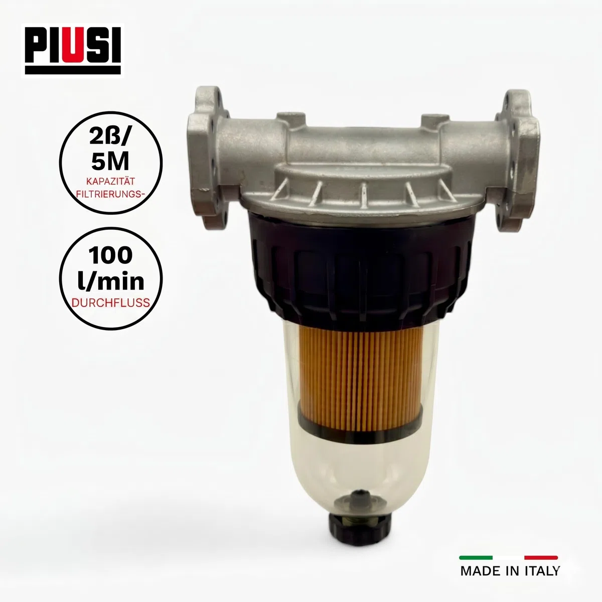 PIUSI Diesel-, Benzin- und Ölfilter mit austauschbarer Patrone, Komplettset Kopfstütze + 2x Patronen, Durchflussrate 100 l/min, Druck 5 bar, 5 Mikron Filterung | Clear Captor F00611B00