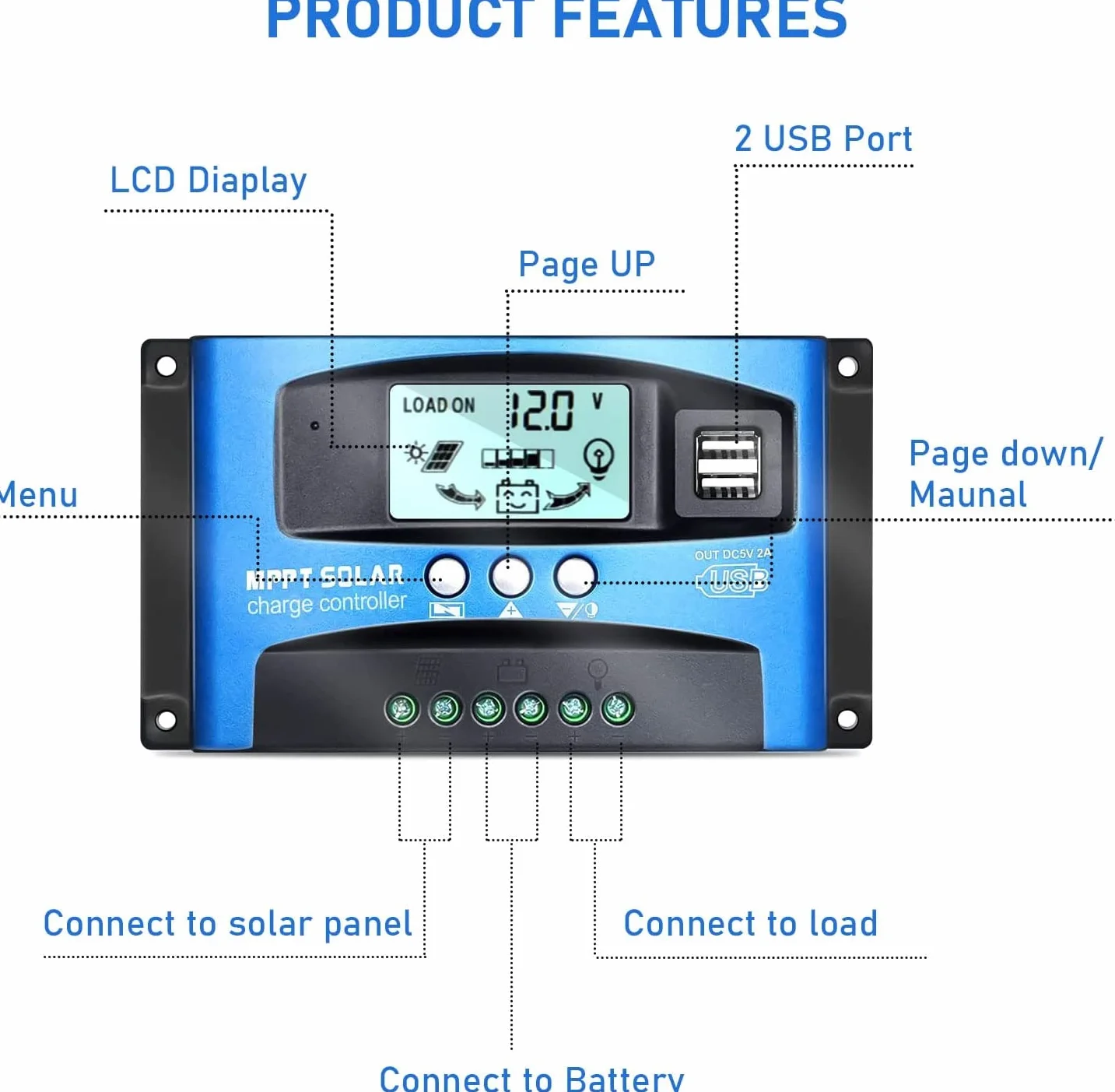 100A MPPT SolarLaderegler, Solar Ladegerät Controller mit LCD Display Dual USB mehrere Laststeuerungsmodi, MPPT technischer maximaler Ladestrom