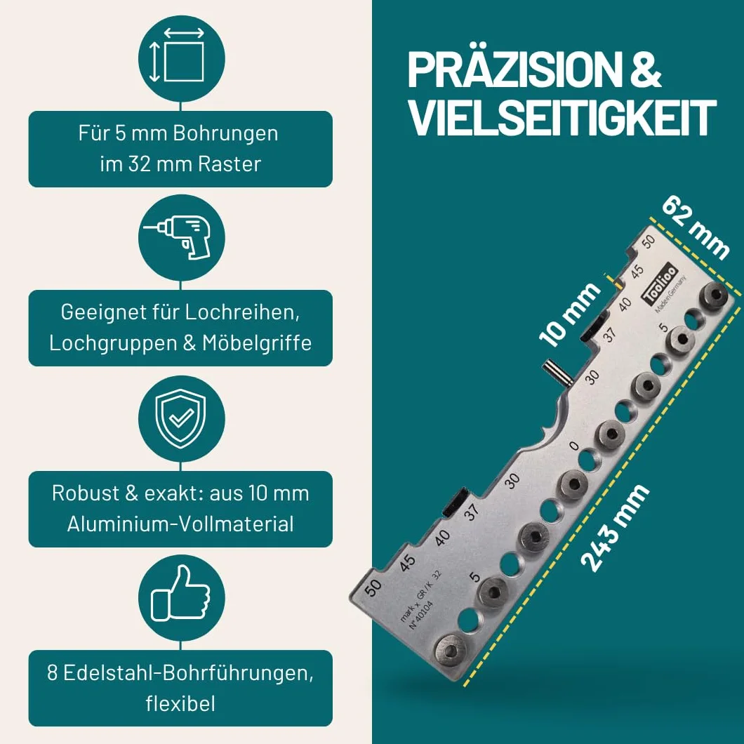 Bohrlehre 32mm Abstandsmaß | Präzisions-Bohrschablone für Lochreihen & Bohrgruppen | 5mm Bohrdurchmesser (0-224mm) | CNC-gefertigt aus Aluminium | Made in Germany