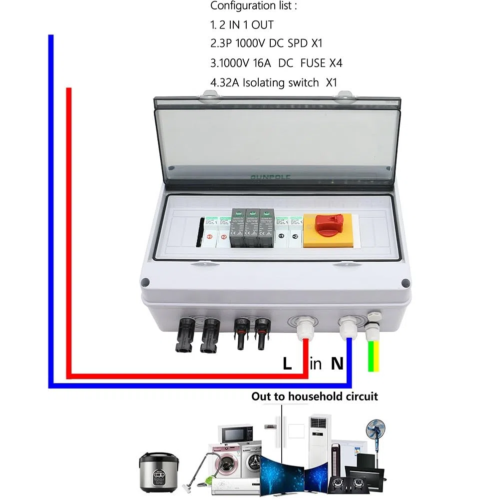 2-in-1-Solar-PV-Kombinator-Box für Photovoltaik-Arrays mit 2 Strängen, IP65 wasserdichtes PVC-Gehäuse mit DC-Sicherungen, SPD und Trennschalter für Dachinstallationen, 1000 V
