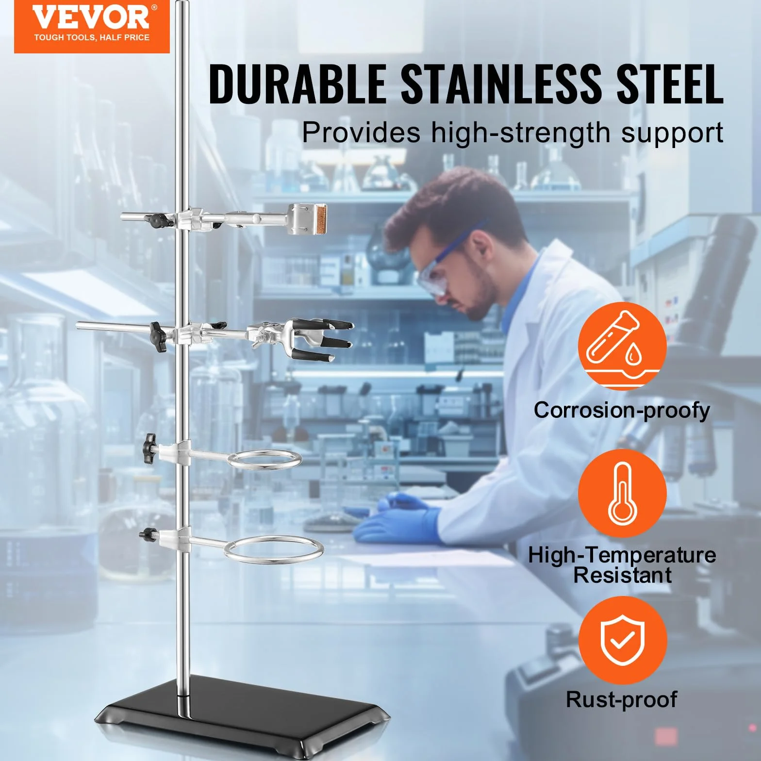VEVOR Laborständer-Unterstützung, Labor-Retorten-Stützständer 2 Sätze, Laborständer aus Stahl mit 60 cm Stab & 210,82 x 135 mm Gusseisenbasis, inkl. Kolbenklemmen, Bürettenklemmen und Kreuzklemmen