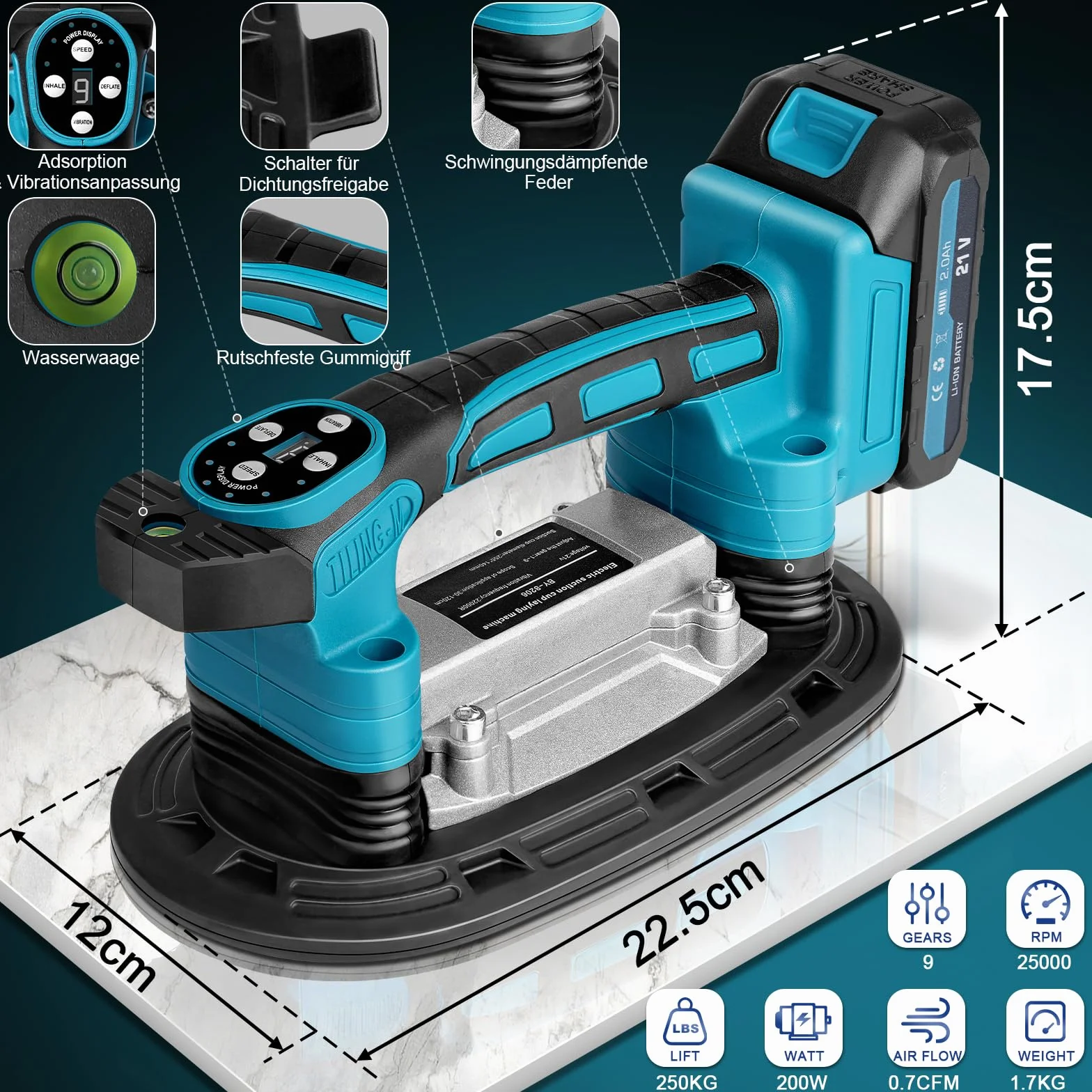 2 IN 1 Akku Fliesenrüttler & Saugnäpfen Kompatibel mit Makita 18V Akku, Fliesenvibrator mit 22.5x12 Saugnapf | 250KG Adsorption | 9 Gang Einstellbaren für 0.3-1.8m Fliesen Wandfliesen (Ohne Batterie)