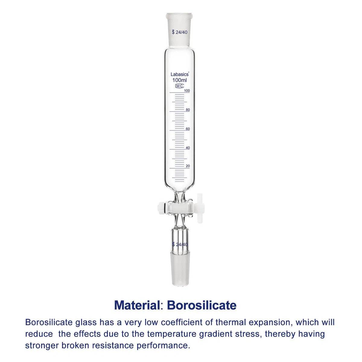 Labasics Additionstrichter, Graduierter Tropftrichter aus Borosilikatglas mit 24/40 Normschliff und PTFE-Hahn für Laborzugabe, 100 ml