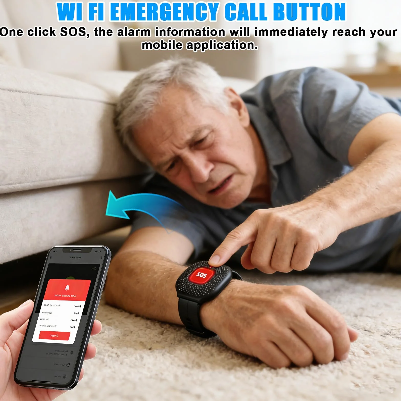 Notrufknopf für Senioren Notruf Armband, Tuya-WiFi Smart Hausnotruf mit Notrufarmband, Notrufklingel Alert System Senioren Alarmknopf für Patienten Behinderte,Kinder(1*Empfänger+2*Knopf+1*Armband)