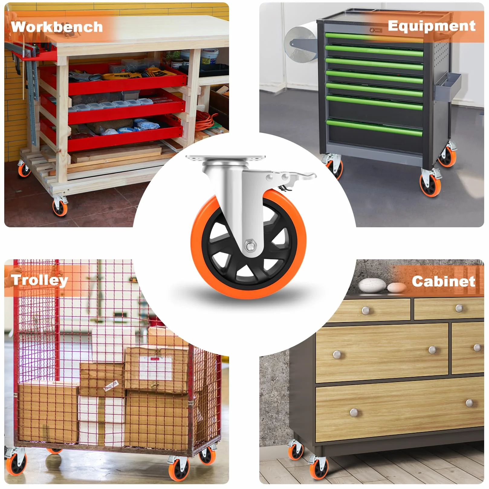 W B D WEIBIDA Schwerlastrollen 150mm, 4 Rollen mit Bremse Doppelverriegelung Tragkraft 1000KG, Langlebige, Leise und Robuste Möbelrollen, Polyurethan Rollen Groß für Werkbänke und Industrielle