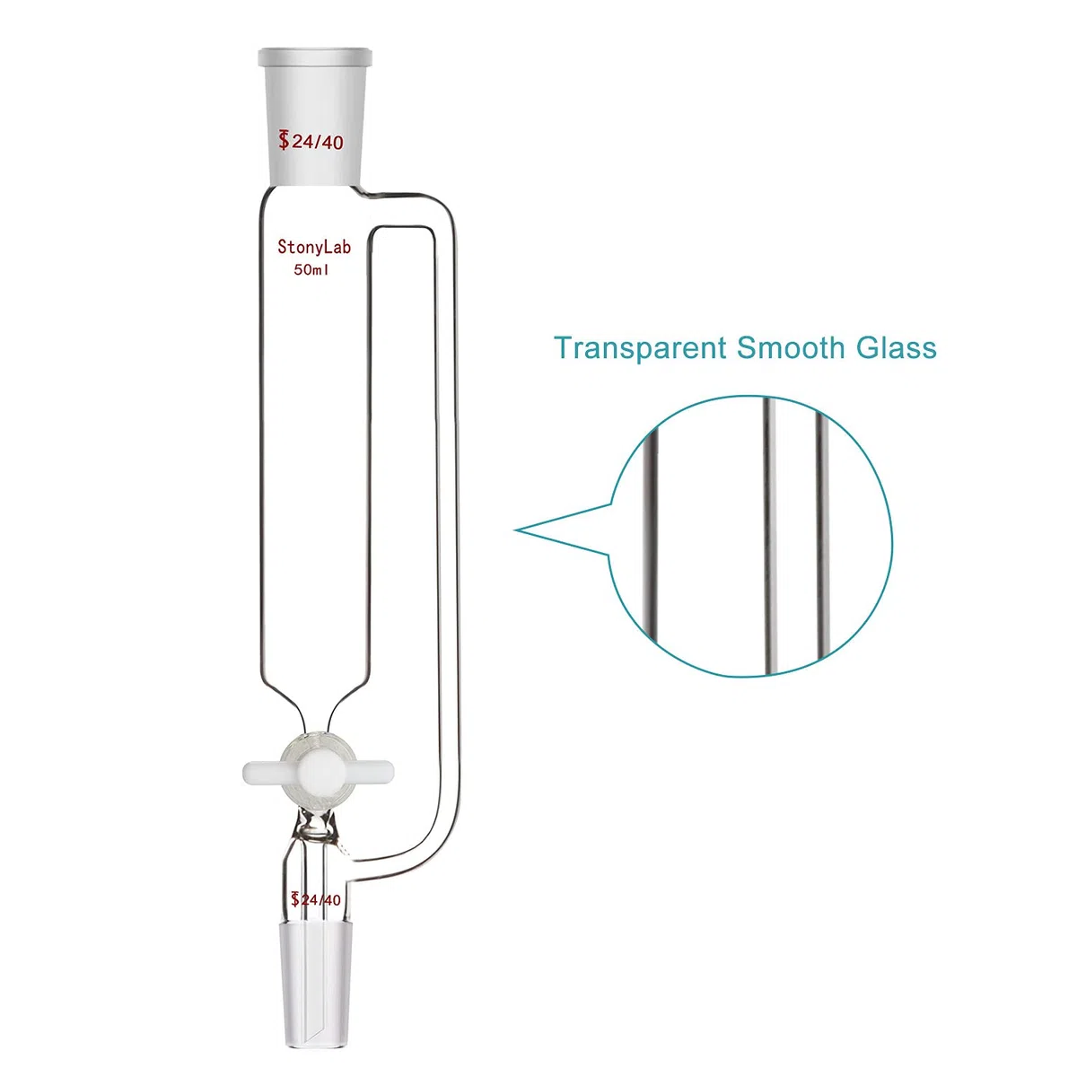 stonylab Druckausgleichender Tropftrichter, Borosilikatglas Tropftrichter, 24/40 Gelenk, 50ml mit PTFE-Absperrhahn für Labor (50ml)