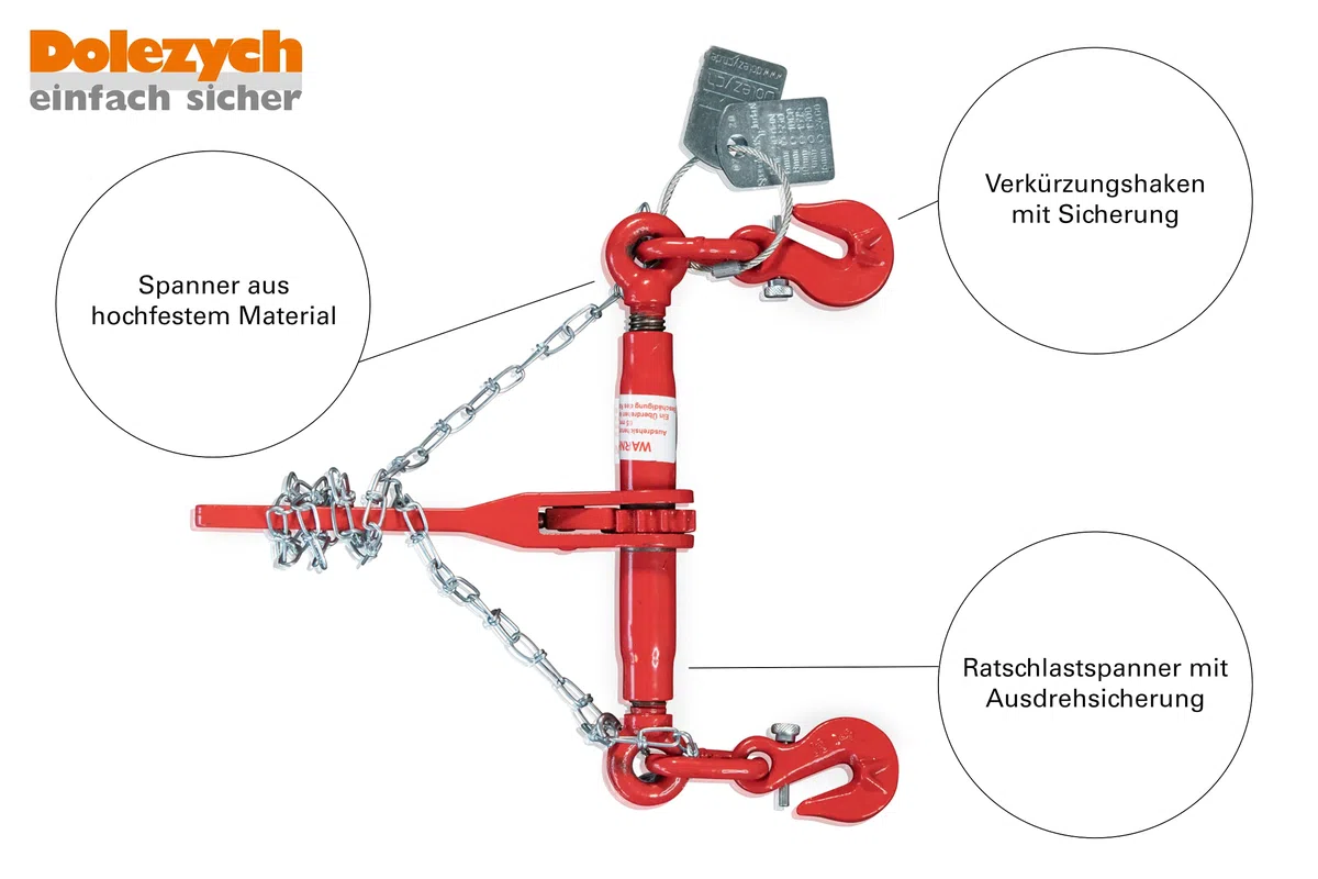 Dolezych Ratschlastspanner mit Verkürzungshaken für 6 mm Kette, LC 2200 daN - Rot
