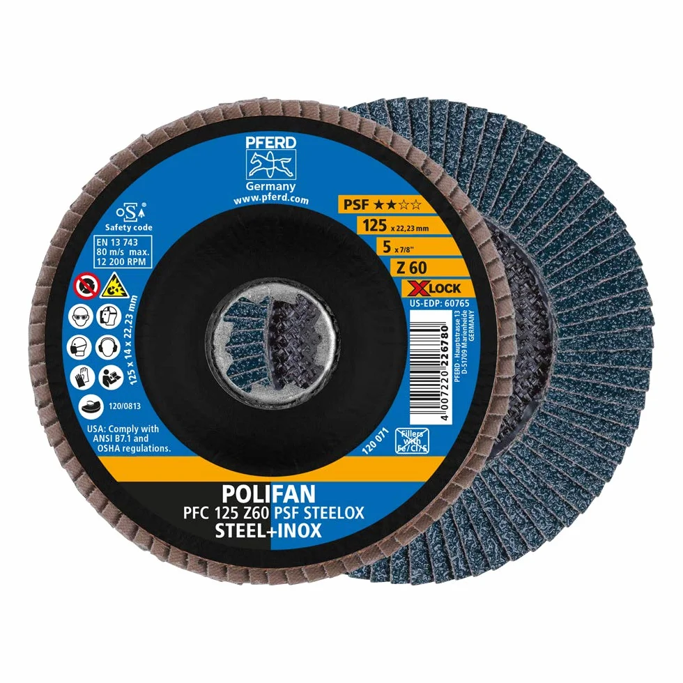PFERD TOOLS Fächerscheibe POLIFAN, 10 Stück, 125mm, Z60, X-LOCK (22,23 mm), PSF STEELOX, 67666126 – für hohe Wirtschaftlichkeit durch aggressive Zerspanung bei guter Standzeit