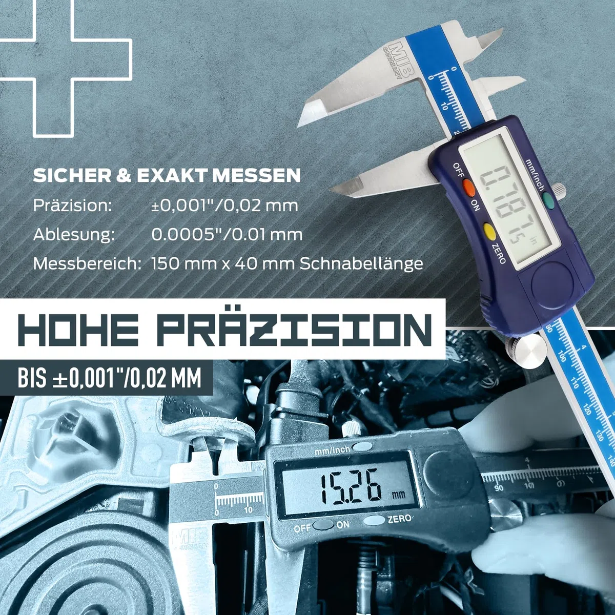 MIB Digitaler Messschieber mit Rolle DIN 862 150mm | Werkzeug für präzise Messungen | Messschieber digital aus Edelstahl | Schieblehre digital mit großem LCD-Display | 4-Fach Messung | Digital Caliper