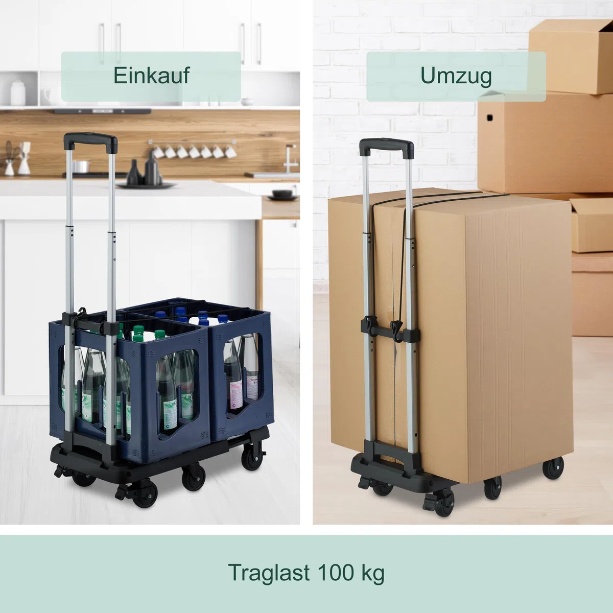 Relaxdays Transportwagen, klappbar, ausziehbar, Teleskopgriff, 4 Lenkrollen, 2 feststellbare Räder, bis 100 kg, schwarz