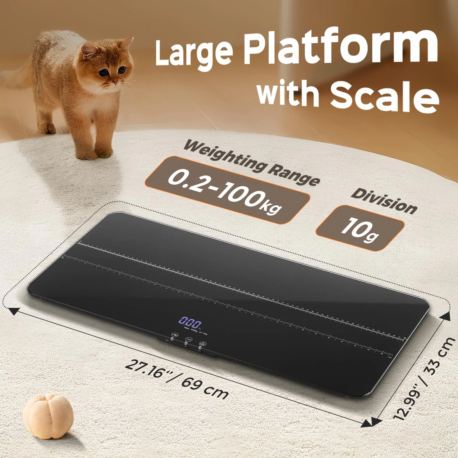 Bonvoisin Digitale Tierwaage bis 100 kg, Haustierwaage mit 10 g Genauigkeit & 3 Wiegemoden (kg/lb/st) – Große Gummimatte 68x33 cm, LCD-Display, Haltefunktion, USB-C Aufladung für Hunde und Katzen