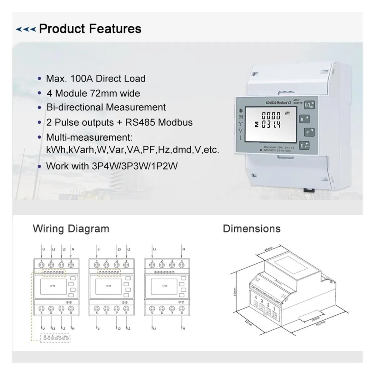 Dreiphasen-Energiezähler, SDM630 Modbus-V2 Multifunktions-Energiezähler 1P2W 3P3W 3P4W Modbus/Impulsausgangsanschluss RS485