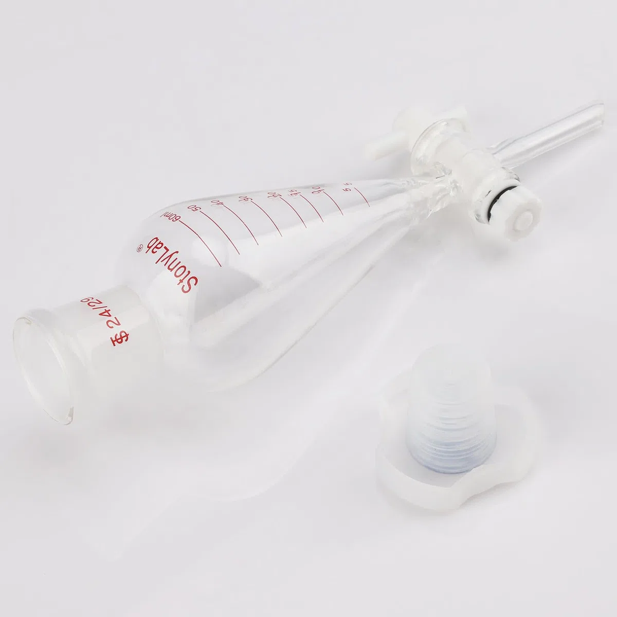 stonylab Messablauftrichter, Schwerwandig Birnenförmig Konisch aus Borosilikatglas mit PTFE-Hahn und Kunststoffstopfen, 60 ml