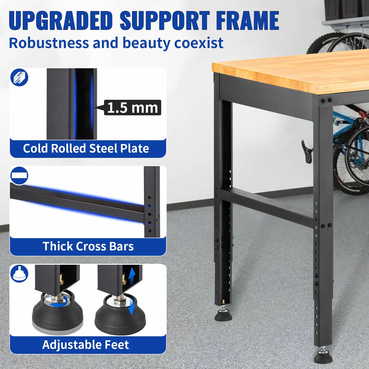 VEVOR Höhenverstellbare Werkbank 122 x 61 x 72-97 cm Spanntisch, 900 kg Gewichtskapazität Arbeitstisch, Braun Klappbare Werkzeugbank aus Kaltgewalzter Stahl, Multifunktionswerktisch für Werkstatt