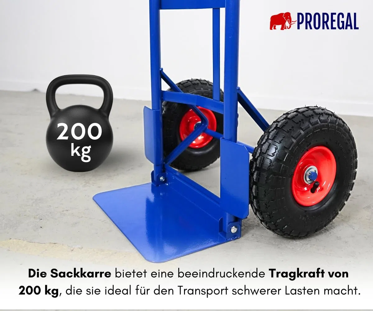 PROREGAL Sackkarre Odin | HxBxT 115x54,5x44,5cm | Tragkraft 200kg| Lufträder | Stahlrahmen | Blau | Transportkarre Staplerkarre klappbar