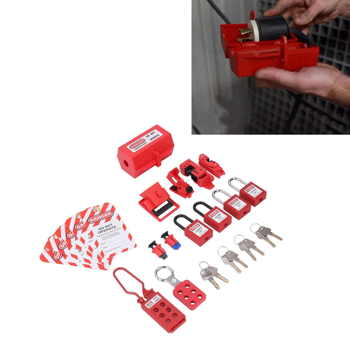 Elektrisches Lockout-Tagout-Kit, Klammer für Mehrpolige Leistungsschalter-Lockouts, 4 Loto-Schlösser (2 Schlüssel Pro Schloss), Steckschlösser, 2 Haspen, 5 Lockout-Tags,