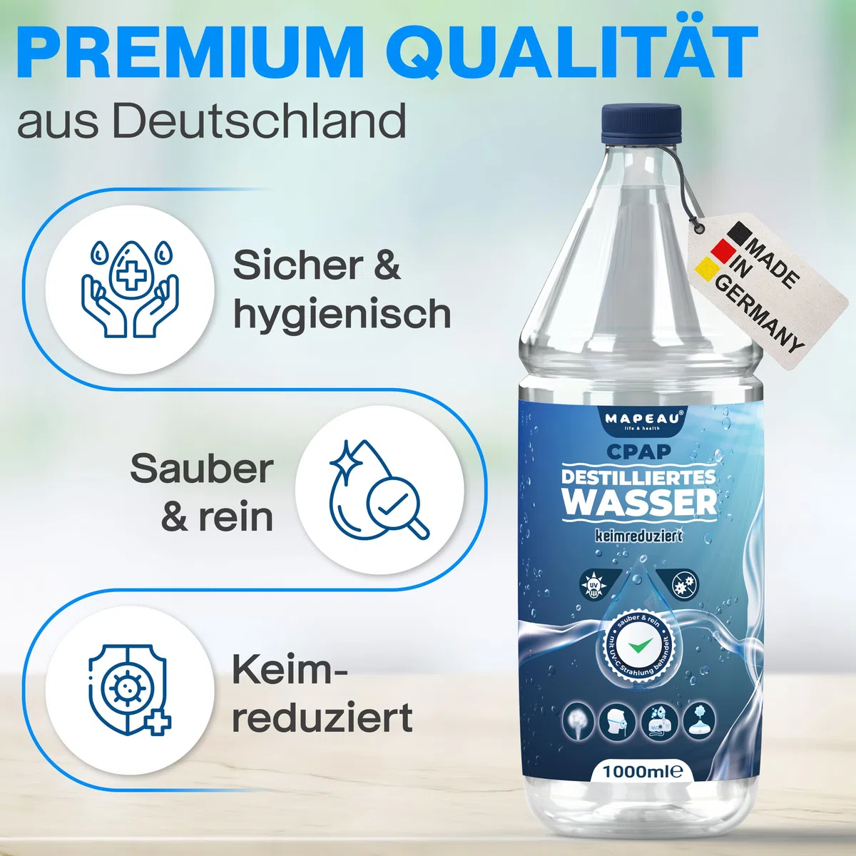 Mapeau CPAP Wasser 6 L für Sauerstoff-Geräte, CPAP Befeuchter Geräte, Inhalationsgerät, destilliertes Wasser keimreduziert für Luftbefeuchter (6x 1 Liter)