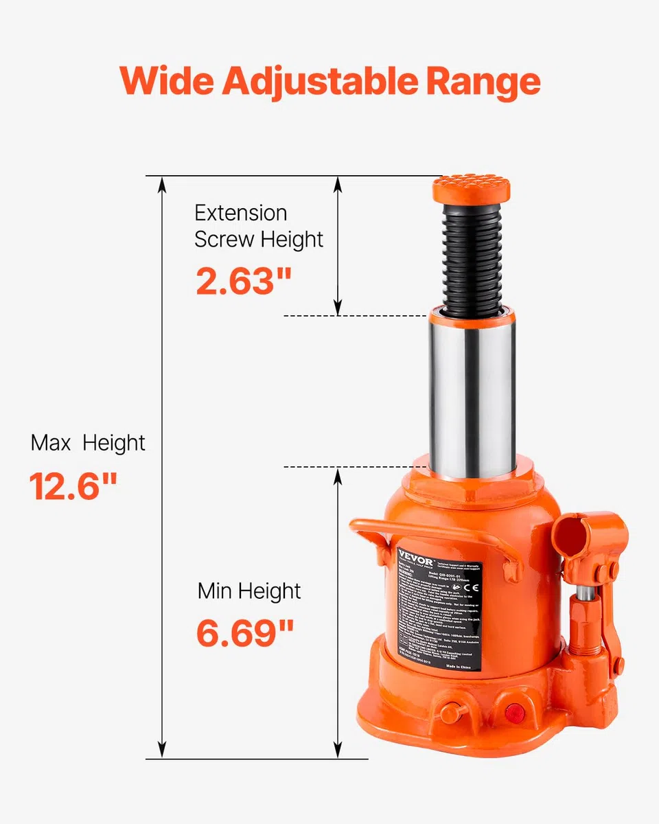 VEVOR Hydraulischer Wagenheber 20 t Stempelwagenheber Flaschenwagenheber mit 17-32 cm Hubbereich und 3-teiligem langem Griff, für Auto Pickup LKW Wohnmobil Autoreparatur Industrietechnik