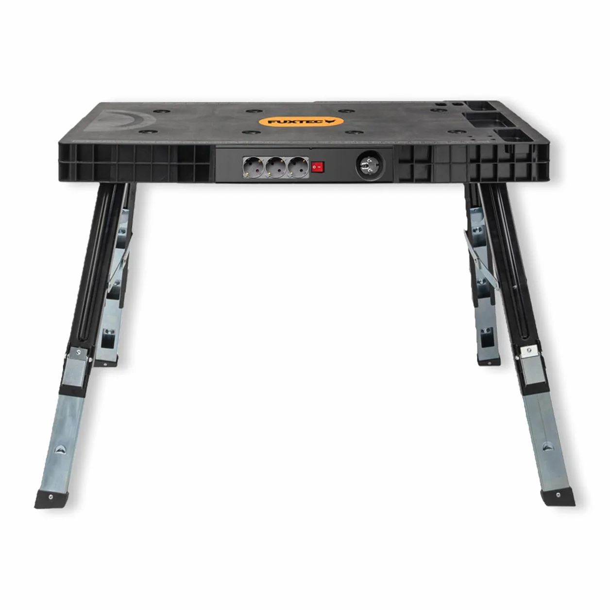 FUXTEC klappbare 5in1 Universal-Werkbank FX-WB – Werkbank/Arbeitstisch bis 150kg – höhenverstellbar bis 129x59x75cm – Transportroller mit Schubfächern – Werkstattbrett/Rollbrett
