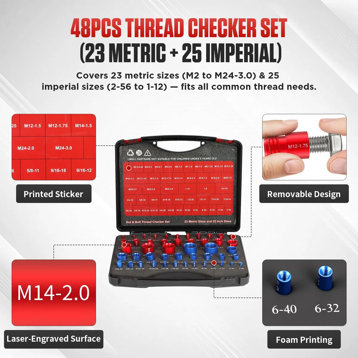 48-teiliges Gewindeprüfset Aluminiumlegierung Thread Checker Satz Schrauben und Metrisch Gewindestrehler satz für Außengewinde