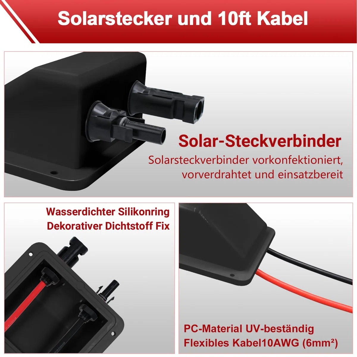 Dachdurchführung Solar Doppel Kabeldurchführung Gehäuse mit 3m 6mm² Kupferkabel und Solarpanel Steckverbinder, Kabeldurchführung Anschlussdose für Wohnmobil, Boote, PV-anlage und Camper