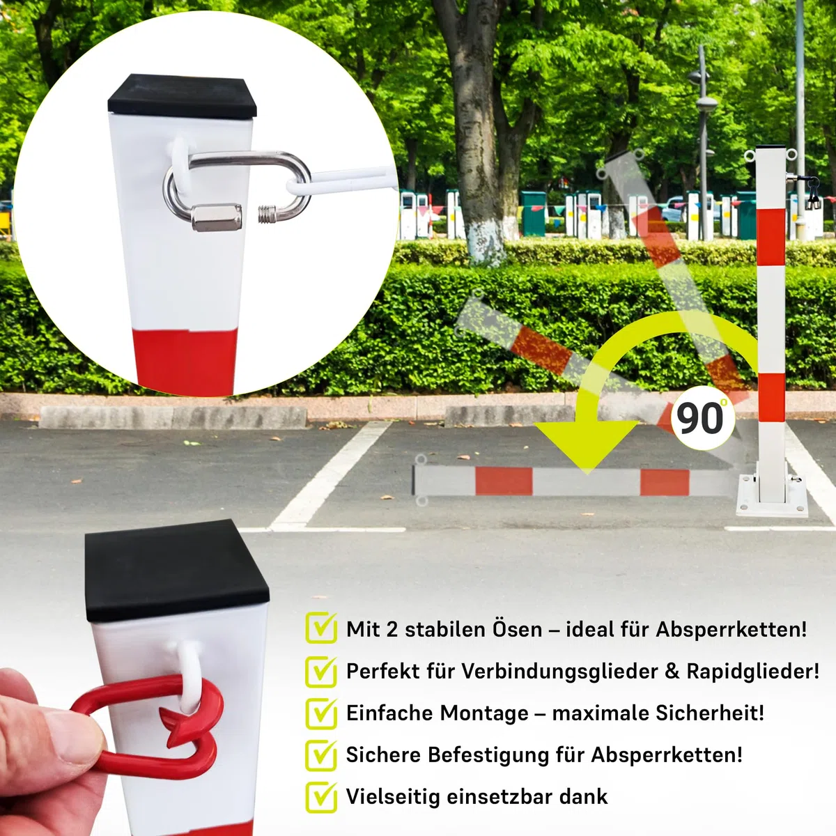 Marwotec Absperrpfosten aus Metall Klappbare Parkplatzsperre mit 2 Kettenösen, Reflektionsstreifen & 3 Schlüsseln Gesamthöhe 70 cm