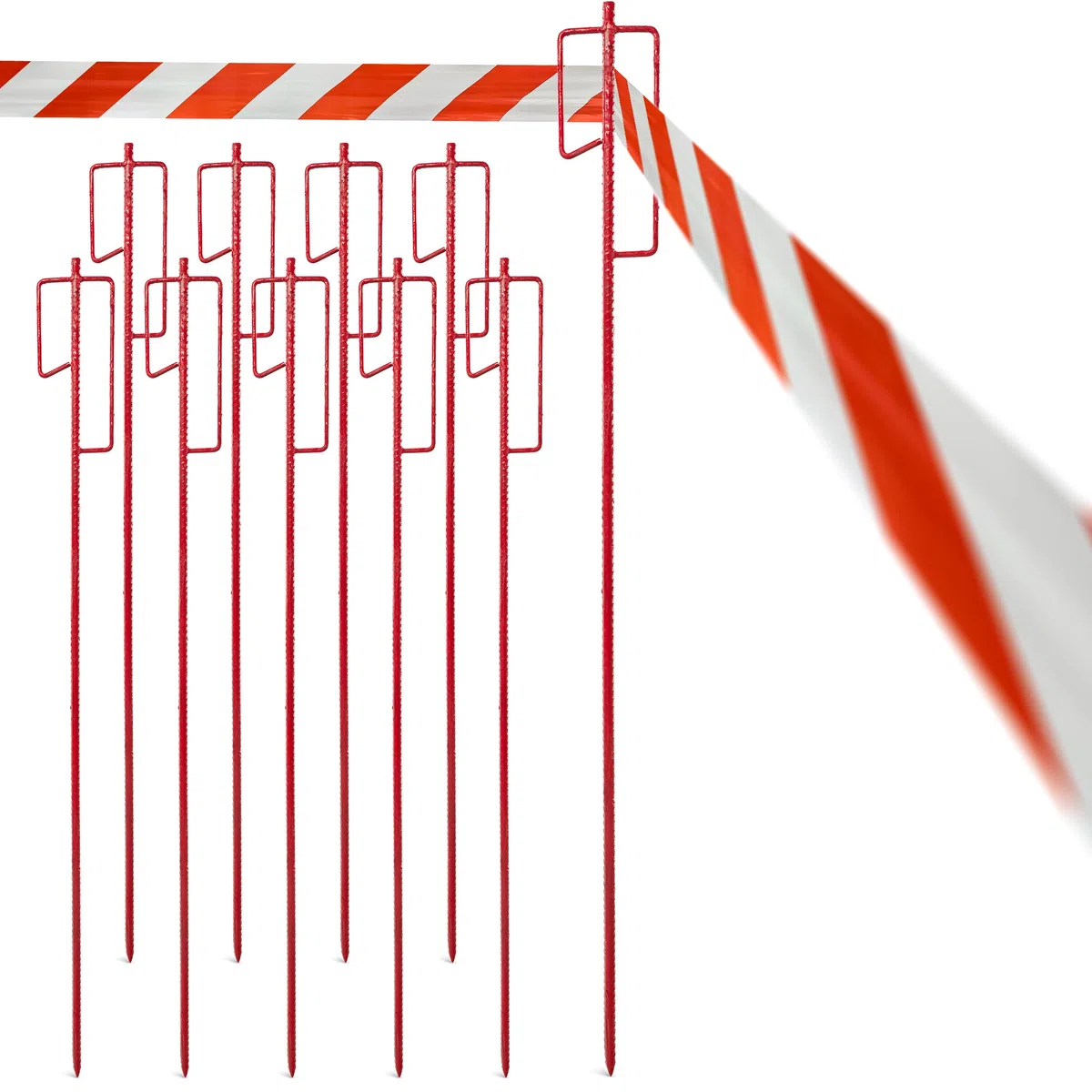 Novatool 10er-Set Absperrbandhalter Ø12 x 1100mm Rot, Metall Absperrband Absperrstangen Laternenstange Absperrleinenhalter Absperrhalter Schnureisen Schnurnagel, für Baustelle & Garten