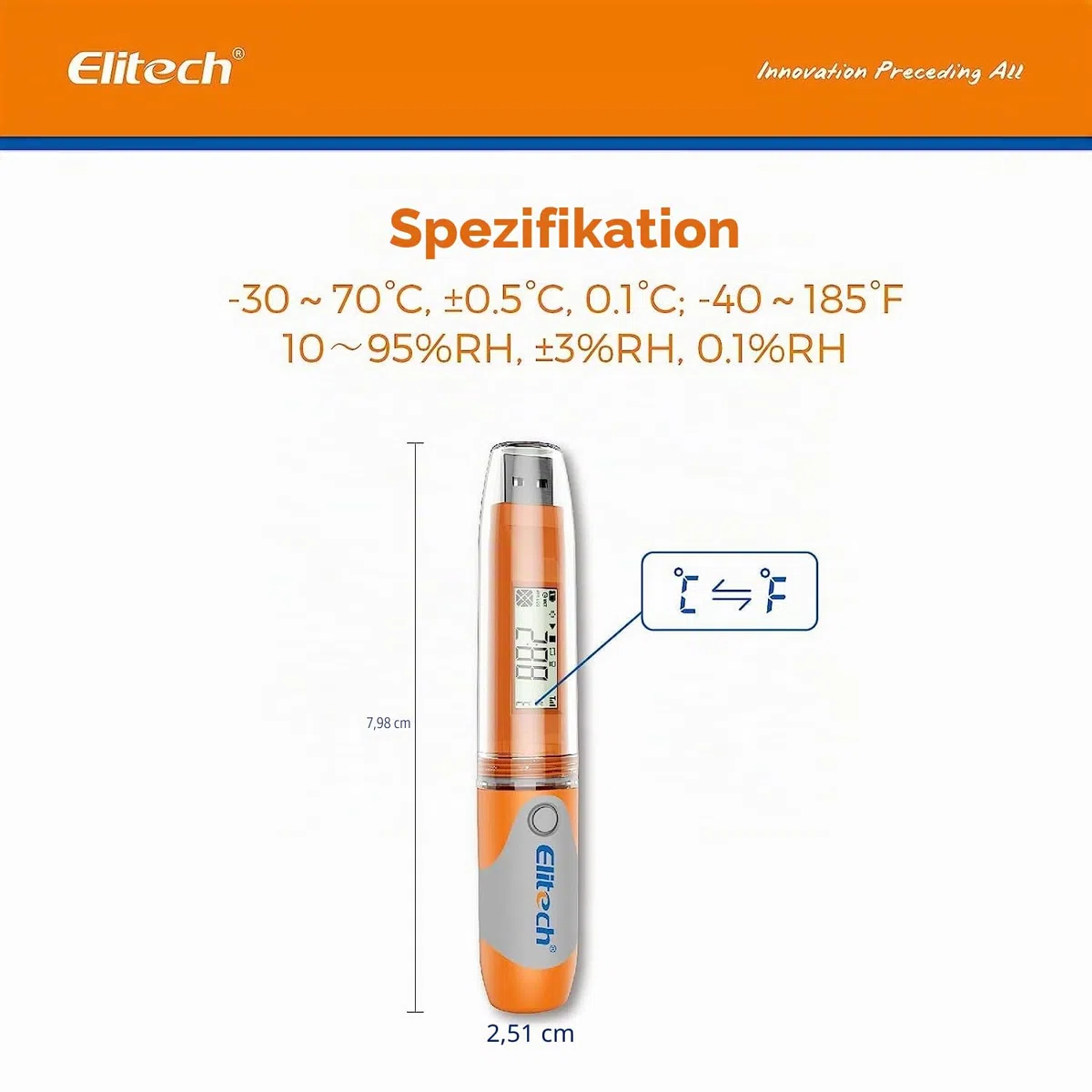 Elitech RC-51H Wiederverwendbarer Datenlogger für Temperatur und Luftfeuchtigkeit 32.000 Punkte,Unterstützt den Export von Berichten von USB in PDF/Excel/TXT/CSV-Dateien